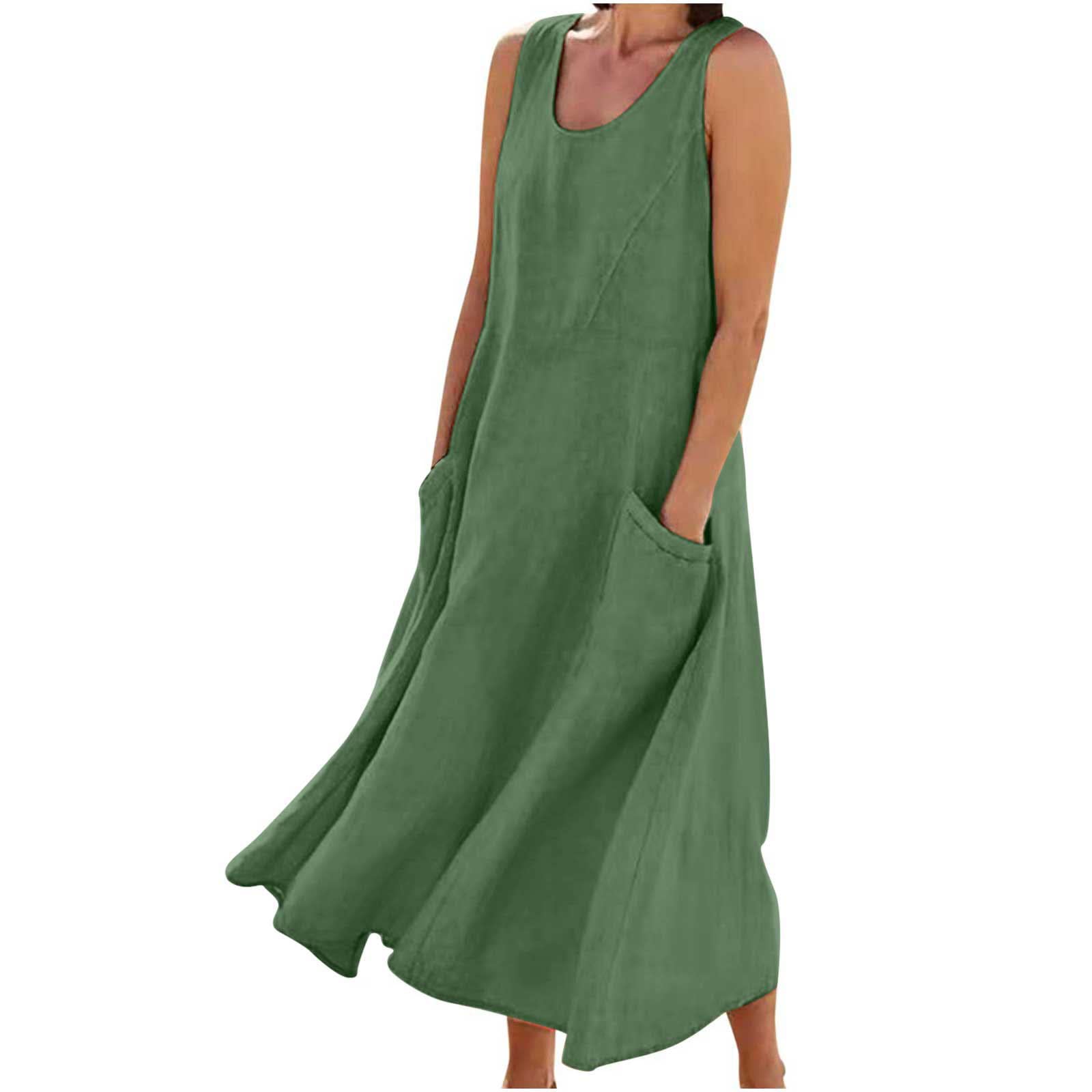 NUSGEAR 2024 Vestidos Largo Mujer Algodón y Lino Vestido Verano Basico Casual Vestidos Bolsillos Cuello Redondo Vestidos Color sólido Elegante Vestido sin Manga Cómodo Playa Talla Grande