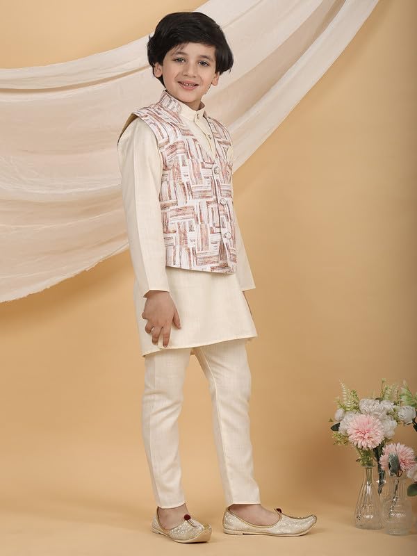 Image of superminis Boys Cotton Printed Full Sleeves Kurta Pyjama with Jacket Ethnic Wear Set