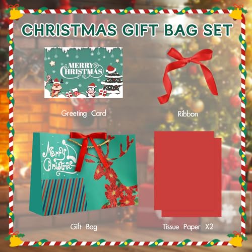 Image of JMANNI Christmas Gift Bags,1PCS Large christmas Gift Bag with Ribbon and 1 Greeting Card 2 Tissue Papers, Portable Paper Gift Bag with Handles, Reusable and Perfect For Your Xmas Presents （Green）
