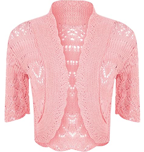 FASHION 7STAR Chaqueta de punto de manga corta para mujer, de ganchillo, de manga corta, para mujer, con parte delantera abierta, para fiesta, Bolero, rosa, 52-54