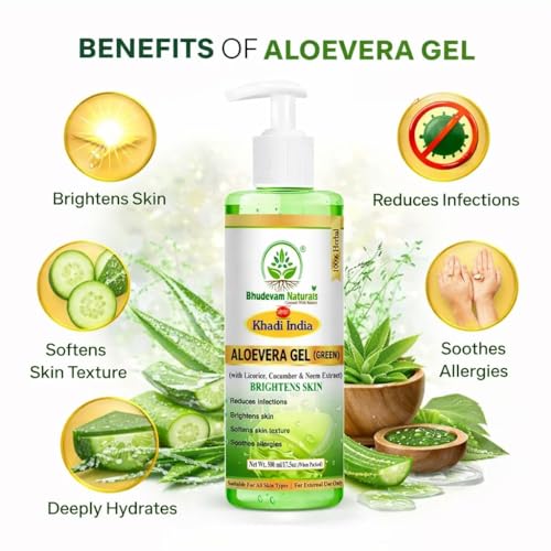 Image of Khadi Organic and Natural Aloe Vera Gel Green for Glowing Face Skin | Natural Moisturizer for Skin | Soothes Sunburn & Acne | Non-Sticky Herbal Formula | For Men & Women | 500ml