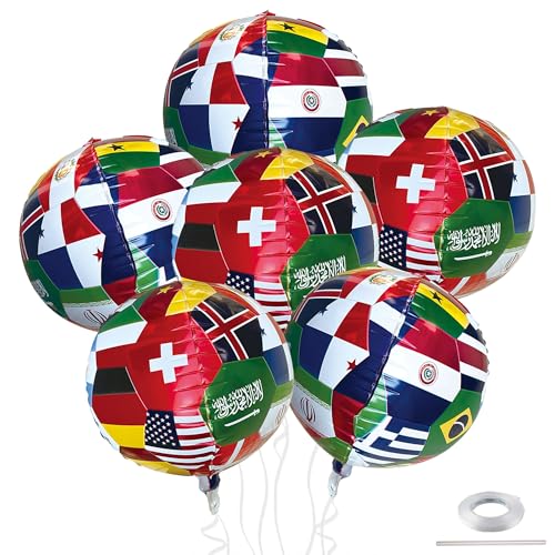 6 Pcs Soccer Balloons 22 Inch Soccer Ball Balloons International Flag Printed 4D Football Foil Mylar Balloon for Birthday Sports Themed Party Decorations Supplies
