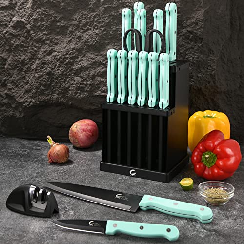 Cucut Knife Set, 16 Pieces Dishwasher Safe Kitchen Knives With Steel Block, Include Rivet Handle Knives & Magnetic Knife Sharpener & All-Purpose Scissors #TOP6