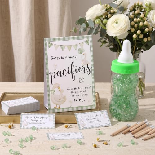 Image of Roowest 512 Pcs Baby Shower Games Guess How Many Pacifiers Sign 100 Small Guessing Games 10 HB Pencils 750ml Milk Bottle 400 Acrylic Pacifiers Decoration for Guest Gender Reveal (Green,Silly Goose)