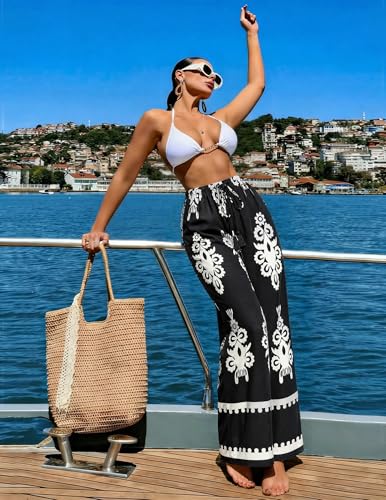 LOOKBOHO Women's Wide Leg Pants with Pockets High Waist Loose Casual Trousers Business Work Casual Pants with Pockets Black White M — view 3
