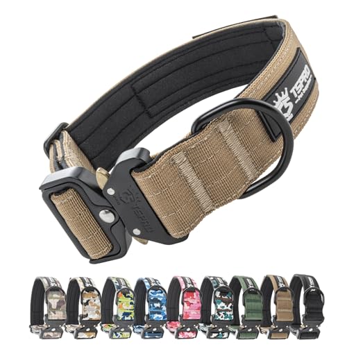 TSPRO Premium Collare per Cani, Regolabile Collare Tattico con Patch e una Robusta Fibbia Metallica a Sblocco Rapido, per Cani di Taglia Media a Grande (Khaki M)