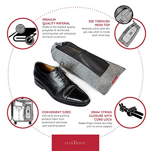 LeanTravel Shoe Bags for Travel with Breathable Mesh & Drawstring Cord Lock, Set of 6, Color Grey2