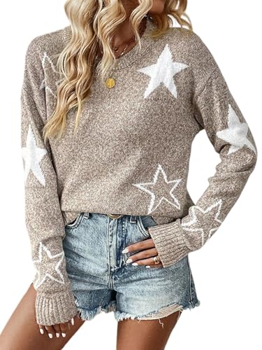 Women's Sweaters, Long Sleeve Loose Pullover Knit Jumper, Star Knit Jumper Sweater, Round Neck Loose Knit Sweaters3