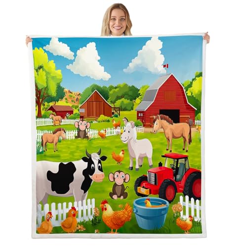 Image of Feelyou Kids Fleece Throw Cartoon Farmhouse Sherpa Blanket Cute Dog Cat Rabbit Cow Plush Country Style Fuzzy 50x60 Inches