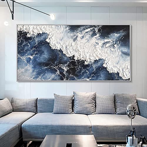 Tableau bleu wave peint à la main en toile de maître texturée 130x260cm