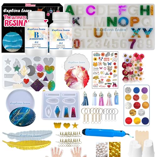 Image of exploralearn 165 Pcs Ultimate Resin Art Kit with 300g Epoxy Resin - DIY Alphabet, Jewelry, Keychains, Coasters & Bookmarks - Includes Deburring Tool, Dried Flowers, Stickers, Pigments & More