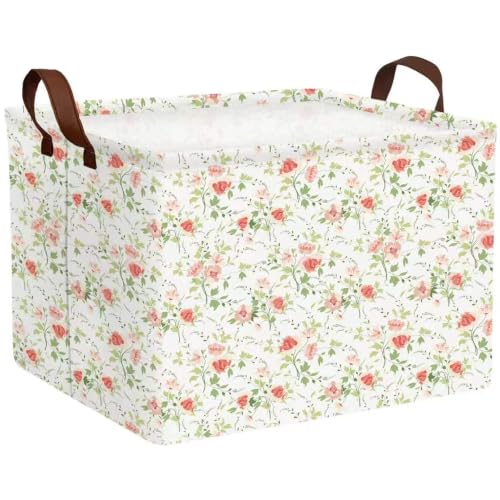 Rectangular Cute Flower Gift Basket Collapsible Floral Storage Bin Wildflower Baby Girl Nursery Room Decor (Red Wild flowers)