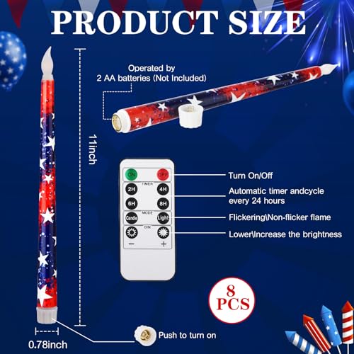 Image of Aurelema 8 Pcs Patriotic Candles Flameless Taper Candles with Remote & Timer 4th of July American Flag Flameless Candlesticks Flickering Real Candle for Independence Day Decoration (Retro Style)