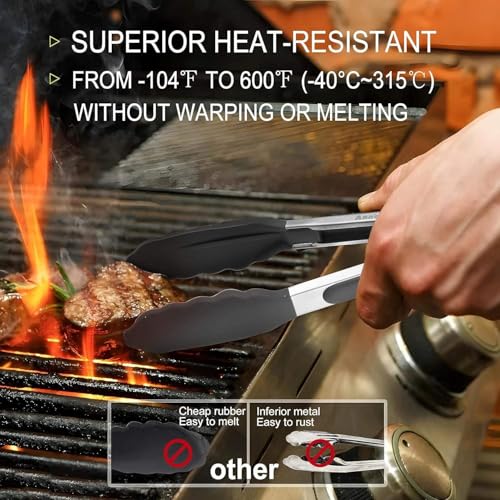 Image of Stainless Steel & Silicone Tongs for Kitchen, Airfryer, Barbeque and Serving- 12 Inch I 230C Heat Resistant, BPA Free, Heavy Duty Non-Stick Clamp Clip, Silicone Tip for Pans (BLACK)