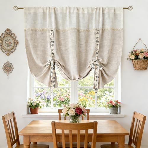 Linen Balloon Curtain Shade for Kitchen Bathroom Tie Up Roman Curtain with Rose Ribbon Light Filtering Privacy Farmhouse Valance Shade for Bedroom Living Room Small Window 1 Panel Width 51 x 39 inch