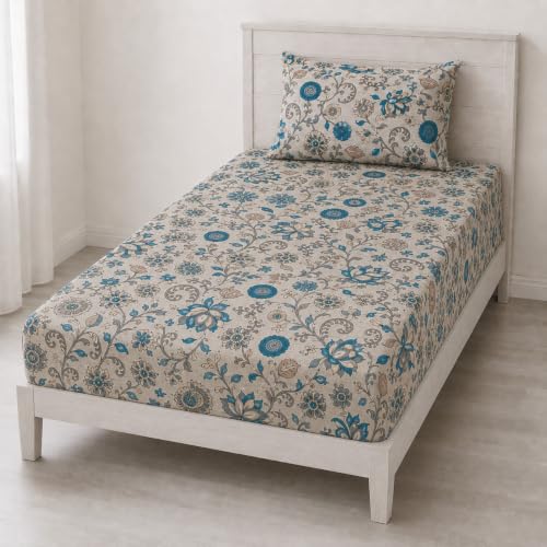 Image of Trance Home Linen 144TC 100% Cotton 72 inchx30 inch Single Bed Size Elastic Fitted Bedsheet | Printed Single Size Bed Elasticated Fitted Bedspread with 1 Pillow Cover (72x30 inch, Kalamkari Teal)