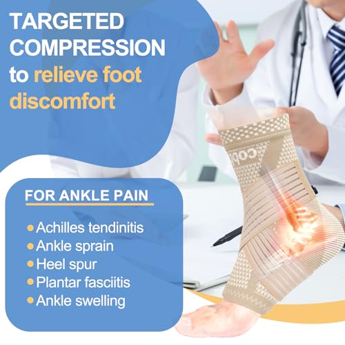 Image of LISEPWU Copper Ankle Brace with Adjustable Compression Bandage, Ankle Support Compression Sleeve for Men & Women, for Foot Pain, Sprained Recovery, Achilles Tendonitis, Sports Protection(Skin Tone L)