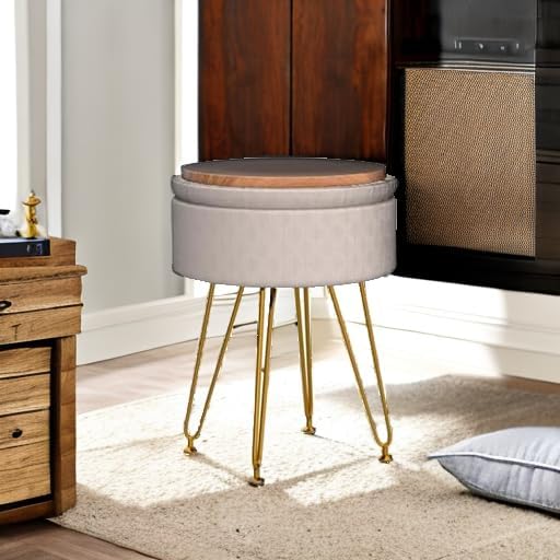 Cpintltr Footrest Footstools Round Velvet Ottoman with Storage Space Soft Vanity Chair with Memory Foam Seat Small Side Table Hallway Step Stool 4 Gold Metal Legs with Adjustable Footings Champagne - Image 2