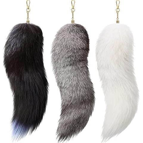 Sureio 3 Pcs Huge Fluffy Fur Fox Tail Keychain Faux Wolf Tail Cosplay Handbag Accessory Helloween Costume for Women Adult (Grey,white,black) Cover