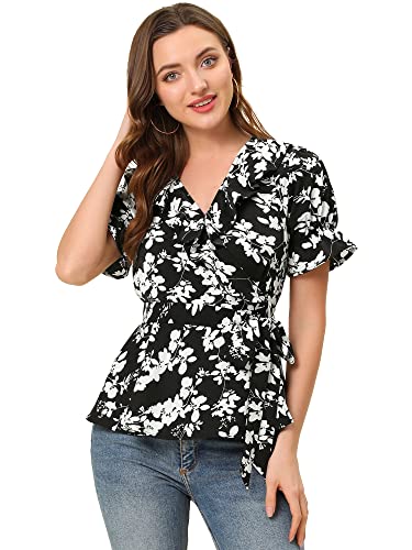 Allegra K Women's Wrap Peplum Top Blouse 2025 Summer Floral Short