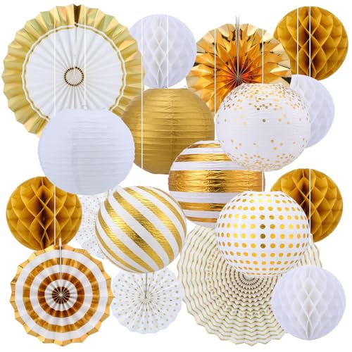 Image of Retisee 18 Pcs Metallic Gold Party Decorations Kit Hanging Metallic Gold Paper Lanterns Paper Fans Honeycomb Balls for Back to School Classroom Party Decoration Birthday Wedding Supplies