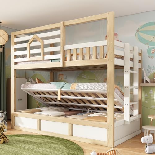 Yihomfy Lit Enfant, lit superposé Enfant, 90x200 cm, avec Espace de Rangement hydraulique, Style Chalet, avec fenêtre, barrière de sécurité, échelle...