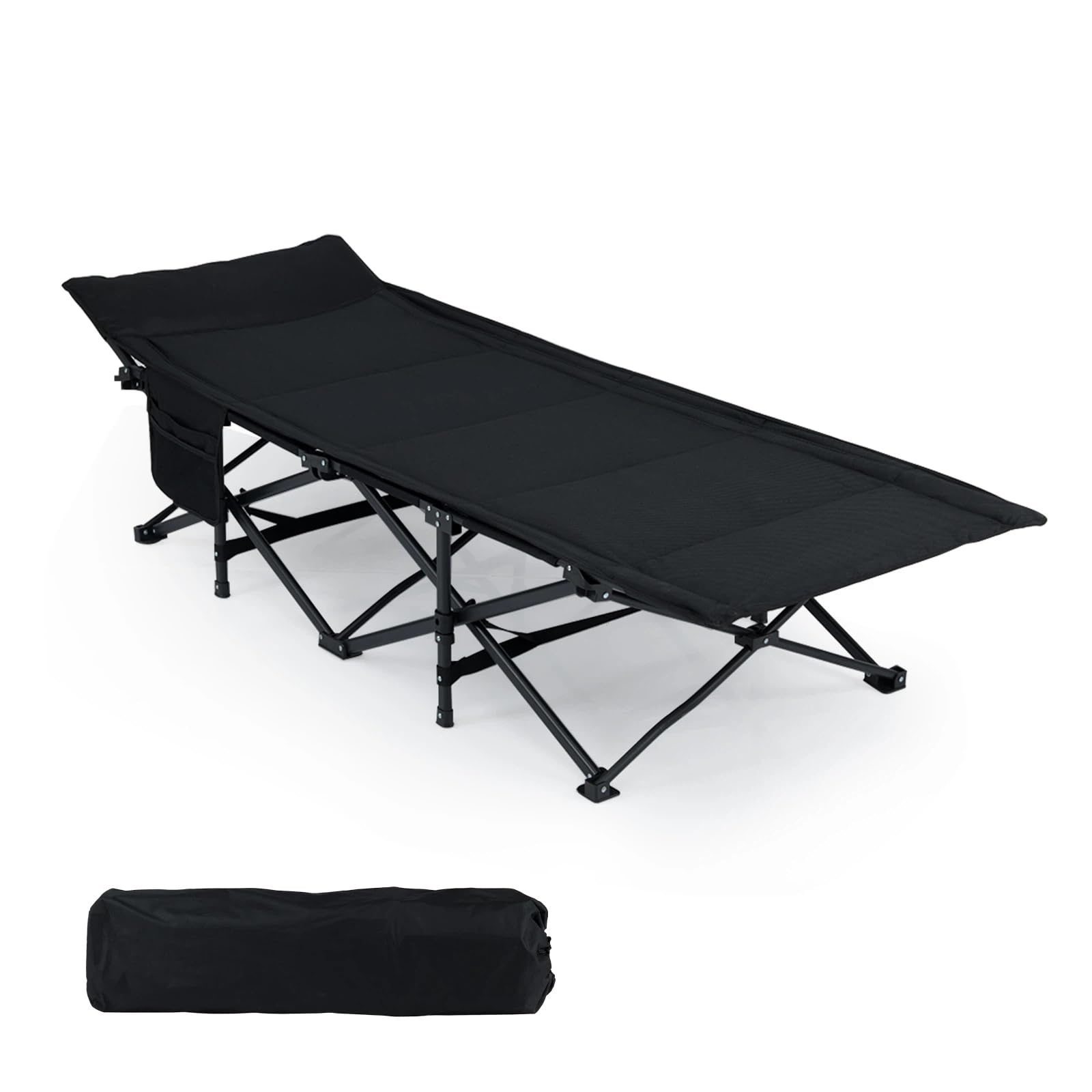 KOMFOTTEU Letto da campeggio con borsa portaoggetti, letto da campo pieghevole con borsa laterale, letto esterno per 1 persona poggiatesta inclinato, carico di 180 kg, per viaggio, campeggio, 189 x 69