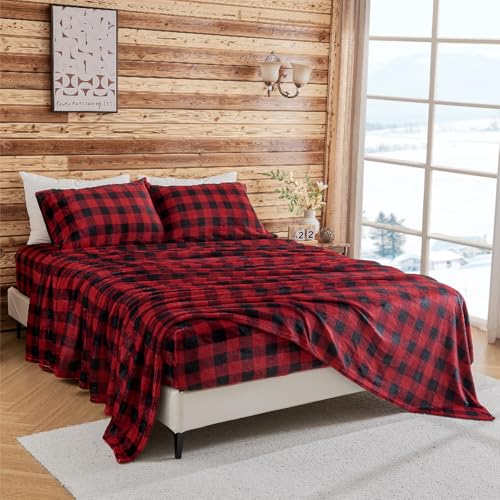 Image of BEDELITE Plaid Flannel Sheet Set, Twin Size, Red and Black, 3 Pieces