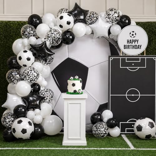 Image of Soccer Balloons, 12Inch Black White Soccer Printed Latex Balloons, 18 Inch Black and White Star Foil Balloon with Confetti Helium Balloon for Sport Football Theme Boy Men Birthday Party Decorations