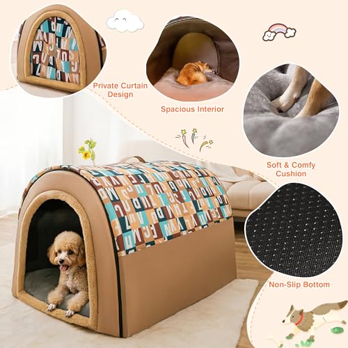 ALLSOPETS Hundebett 2-in-1 Faltbares Selbstwärmendes Haustierzelt Höhlenbett für Katzen und kleine bis mittelgroße Hunde Tragbares Hundehäuschen mit Griffen (Buchstabenbraun, XXL)