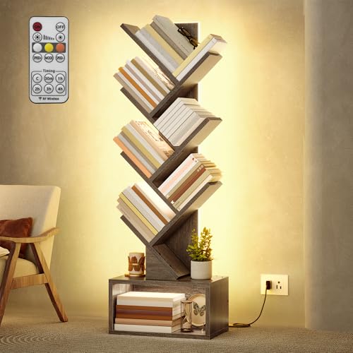 Image of Hoctieon 6 Tier Tree Bookshelf, Tall Bookcase, Freestanding Book Shelf with LED Lights, Display Floor Standing Storage Shelf, Book Organizer Shelves for Home Office, Living Room, Greige