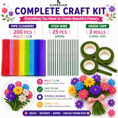 Image of Pipe Cleaners for Craft Flower Making Set, Fuzzy Chenille Stems and Fluffy Sticks with Floral Tape and Wire, for Kids Arts and Crafts, (pipe cleaners-200 /stem wire-25 /green tape-3)