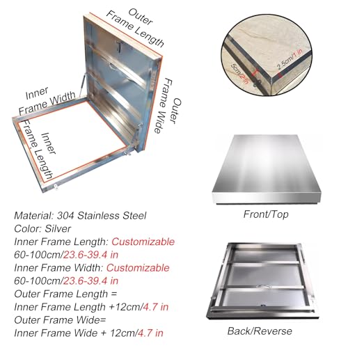OTQEFTN Manhole Cover Large Square Attic Stairs Outlet Lid, 63 73 83 93 100 CM Steel Attic Skylight Covers, Manhole Covers with Clasp Lock & Handle & Pneumatic Hydraulic Rods