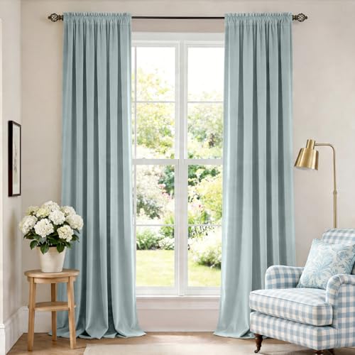 Image of Extra Long Blue Velvet Curtains Rod Pocket 52x120 Inch 2 Panels | Soft Velvet, For Tall Windows & High Ceilings, Light Shifting Texture, Elegant Drape, Peaceful, Serene