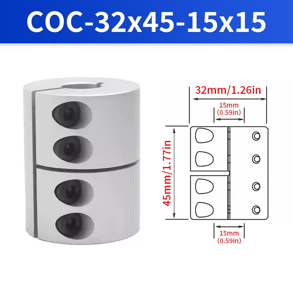 15mm to 15mm Rigid Clamp-On Coupling, Diameter 32mm Length 45mm Aluminium Motor Shaft Coupler Connector for 3D Printer CNC Machine Servo Motor