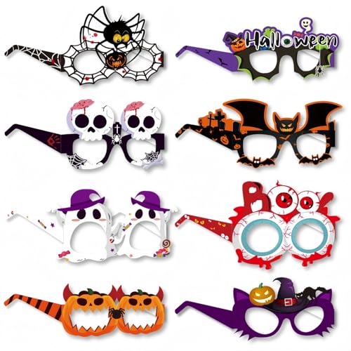 8 Gafas Papel Halloween para niños y Adultos. Divertidos Regalos para Fiestas de Halloween. Accesorios para fotomatones. Accesorios para Disfraces. Decoraciones para Fiestas