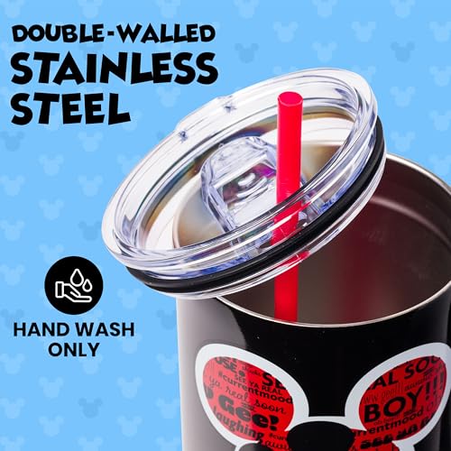 Image of Silver Buffalo Disney Classic Mickey Mouse Hashtag Current Mood inch#currentmood inch Double Walled Stainless Steel Tumbler with Handle and Straw, Fits in Standard Cup Holder, 40 Ounces