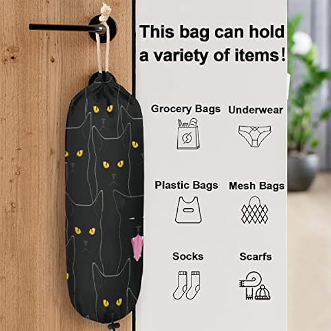 Funny Black Cat Plastic Bag Holder Cute Wall Mount Plastic Bag Organizer Reusable Large Grocery Bag Storage Dispenser for Home Kitchen Travelling 22x9
