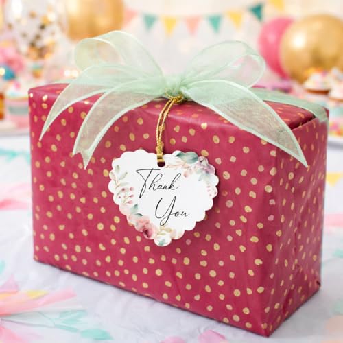 Image of CVANU Heart Shaped Thank You Tags 200-Pcs with Golden String, Floral Design Gift Tags for Wedding Favors| Birthday Party| Small Business Packaging (2.16x2.36 inch) D3