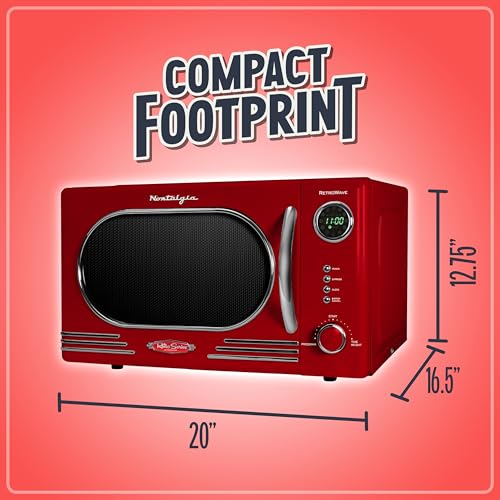 Nostalgia NRMO11RR6A 1000 Watt Power Retro Countertop Microwave Oven Easy to Clean with Removable Glass Turntable-Child Safety Lock-12 Programs-Digital Clock, 1.1 Cu. Ft, Red