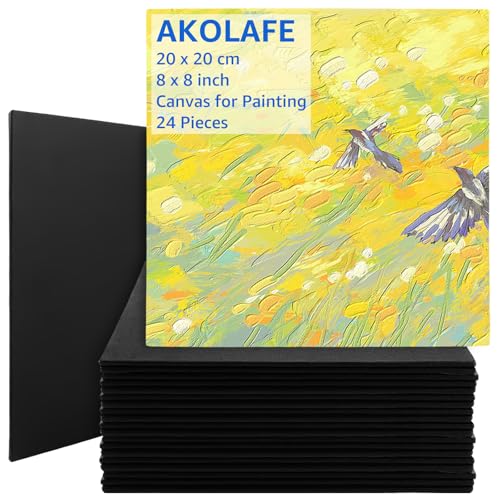 AKOLAFE 24 lienzos para pintar, 20 x 20 cm, lienzos negros para pintar, 3 mm de grosor, sin lienzos para pintar con bastidor, de algodón, adecuado para acrílico, pinturas al óleo, bocetos y acuarelas