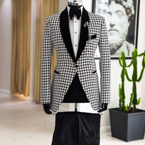 Men's Houndstooth Suit Shawl Lapel One Button Jacket Pants Two Pieces Set for Casual Groom Banquet4