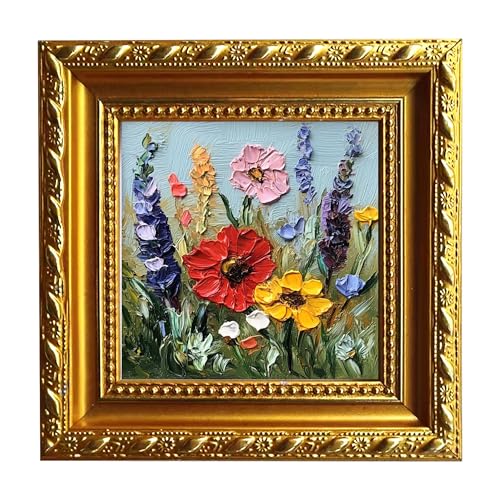 Hand-Painted Floral Oil Painting on Canvas, Textured Mini Wall Art with Frame, Small Framed Wall Art, Oil Painting Wall Art for Home Decor, Living Room or Office (Glod)