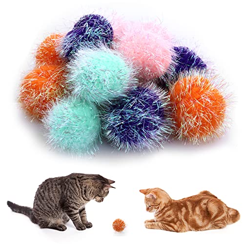 cobee Juguetes grandes de bola brillante para gatos, 12 piezas de 2 pulgadas, bolas de juguete peludas para gatos, bolas de pompón, juguete interactivo para gatos de interior