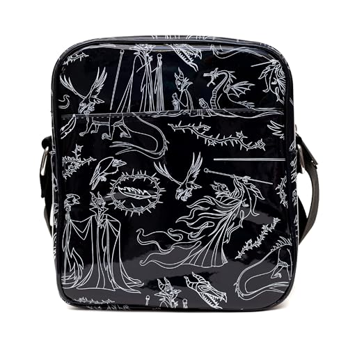 Disney Vegan Leather Crossbody Backpack with Adjustable Strap, Sleeping Beauty Villain Maleficent Poses Holographic Black/White3