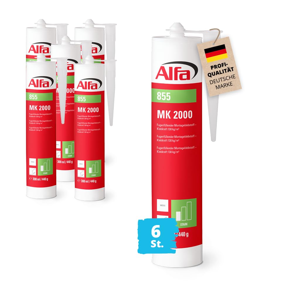6x Alfa MK 2000 Montagekleber – 440 g Wandkleber Weiß extra Stark (2,64 kg) | Profi Qualität - Pastöser Kleber mit extrem hoher Anfangshaftung für Sockelleisten, Zierprofile, Holzwerkstoffe und Styropor