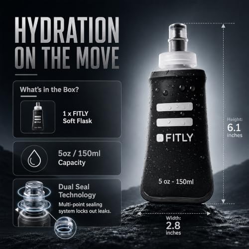 Image of FITLY 5 oz - 150ml (F1B) Soft Water Bottle Shrink As You Drink Soft Flask for Hydration Pack Folding Water Bottle Ideal for Running, Hiking, Cycling, Climbing & Rigorous Activity, Black