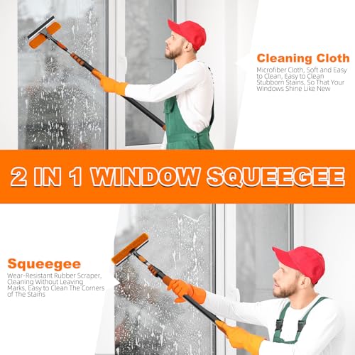 Image of SISUPASSIE 36FT Reach 2-in-1 Window Squeegee, Professional Window Washing Kit with 7-30FT Extension Pole for Home, Indoor Outdoor Squeegee with Rotatable Head for High Windows