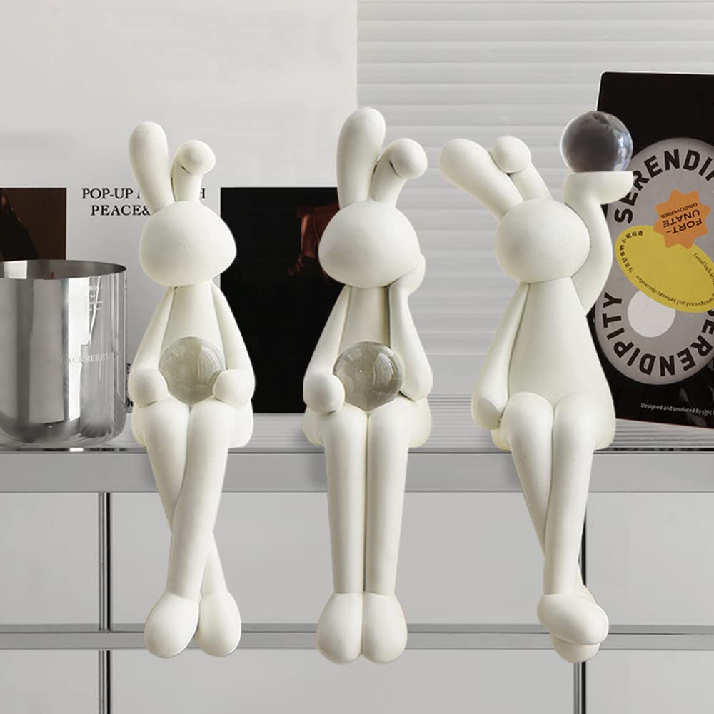 3Pcs White Decor Statue Home Decoration Sculpture Accent, Modern Art Cute Thinker Rabbit Animals Collectible Sitting Figurines, Resin Living Room Book Shelf Coffee Table Ornaments,White [Energy Class A]