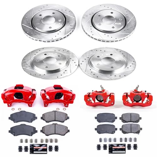 Image of PowerStop Front Brake & Caliper Kit for Buick Enclave 2008-17 |Chevrolet Traverse 2009-17 |GMC Acadia 2007-16 - Drilled & Slotted Disc Rotors + Z36 Brake Pads + Red-Powder Coated Calipers, KC4657-36